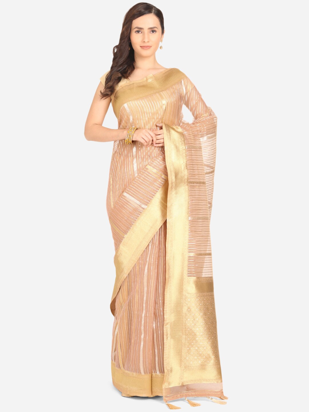 

BOMBAY SELECTIONS Pink & Gold-Toned Striped Zari Banarasi Organza Saree