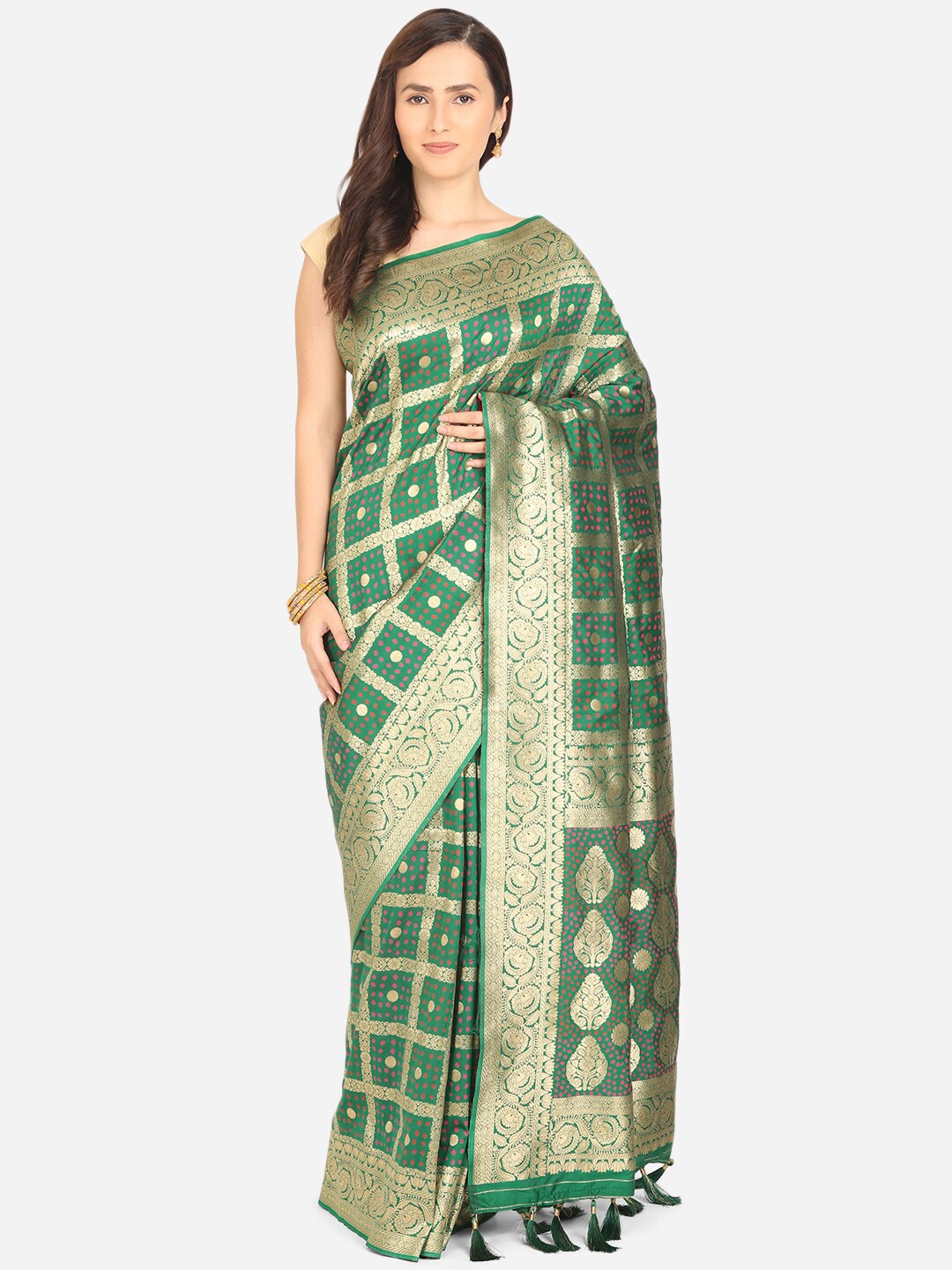 

BOMBAY SELECTIONS Green & Gold-Toned Ethnic Motifs Banarasi Zari Art Silk Saree