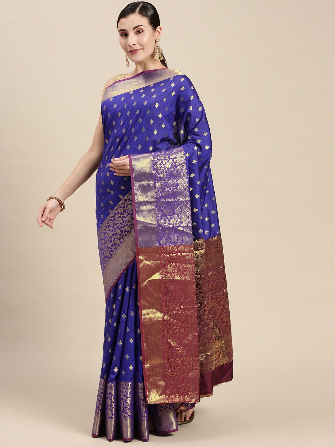 

Mitera Navy Blue & Gold-Toned Woven Design Banarasi Saree