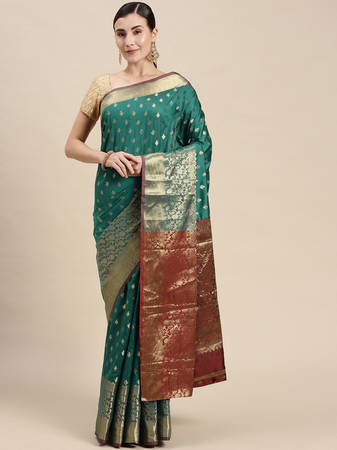 

Mitera Blue & Gold-Toned Woven Design Banarasi Saree