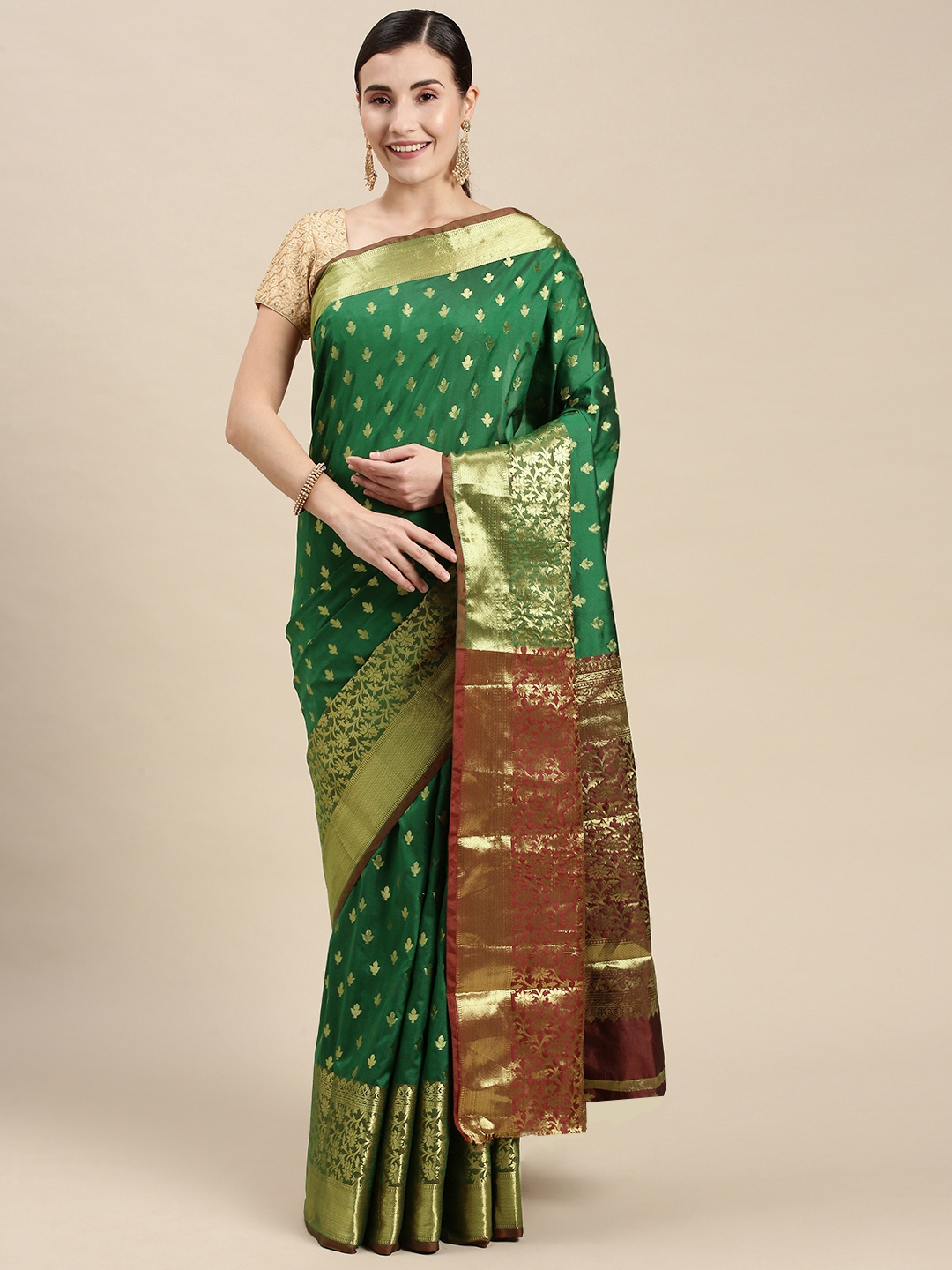 

Mitera Green & Gold-Toned Woven Design Banarasi Saree