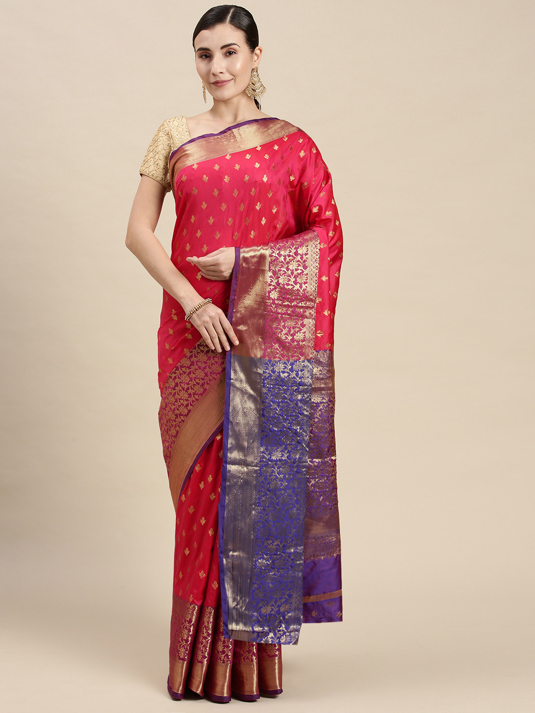 

Mitera Pink & Gold-Toned Woven Design Banarasi Saree