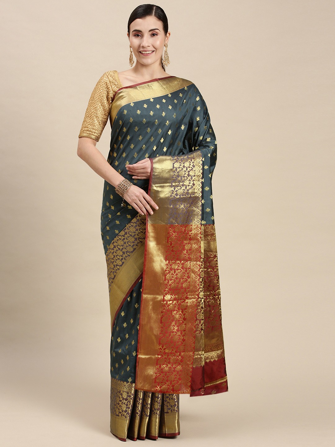

Mitera Grey & Gold-Toned Woven Design Banarasi Saree