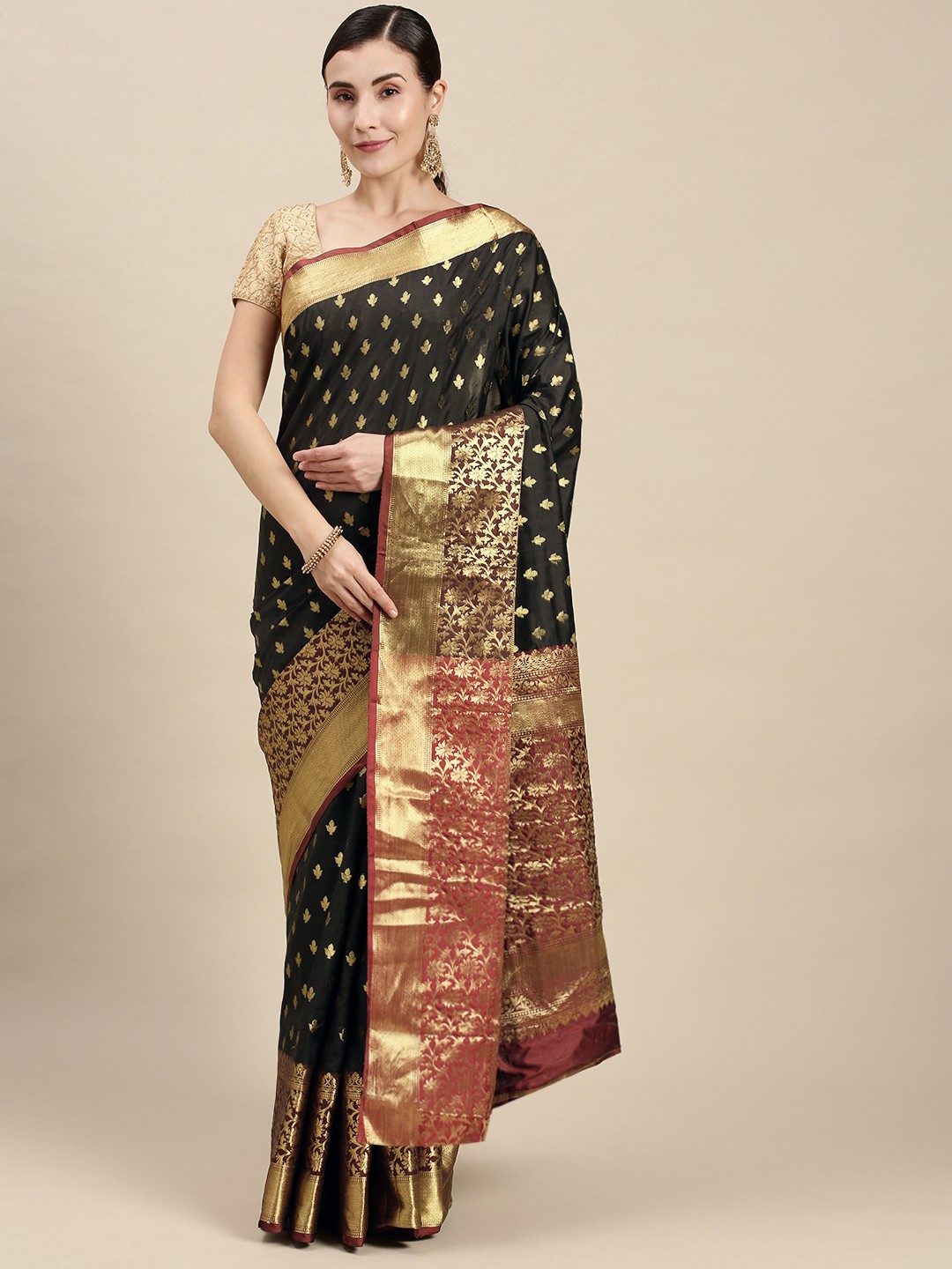 

Mitera Black & Gold-Toned Woven Design Banarasi Saree