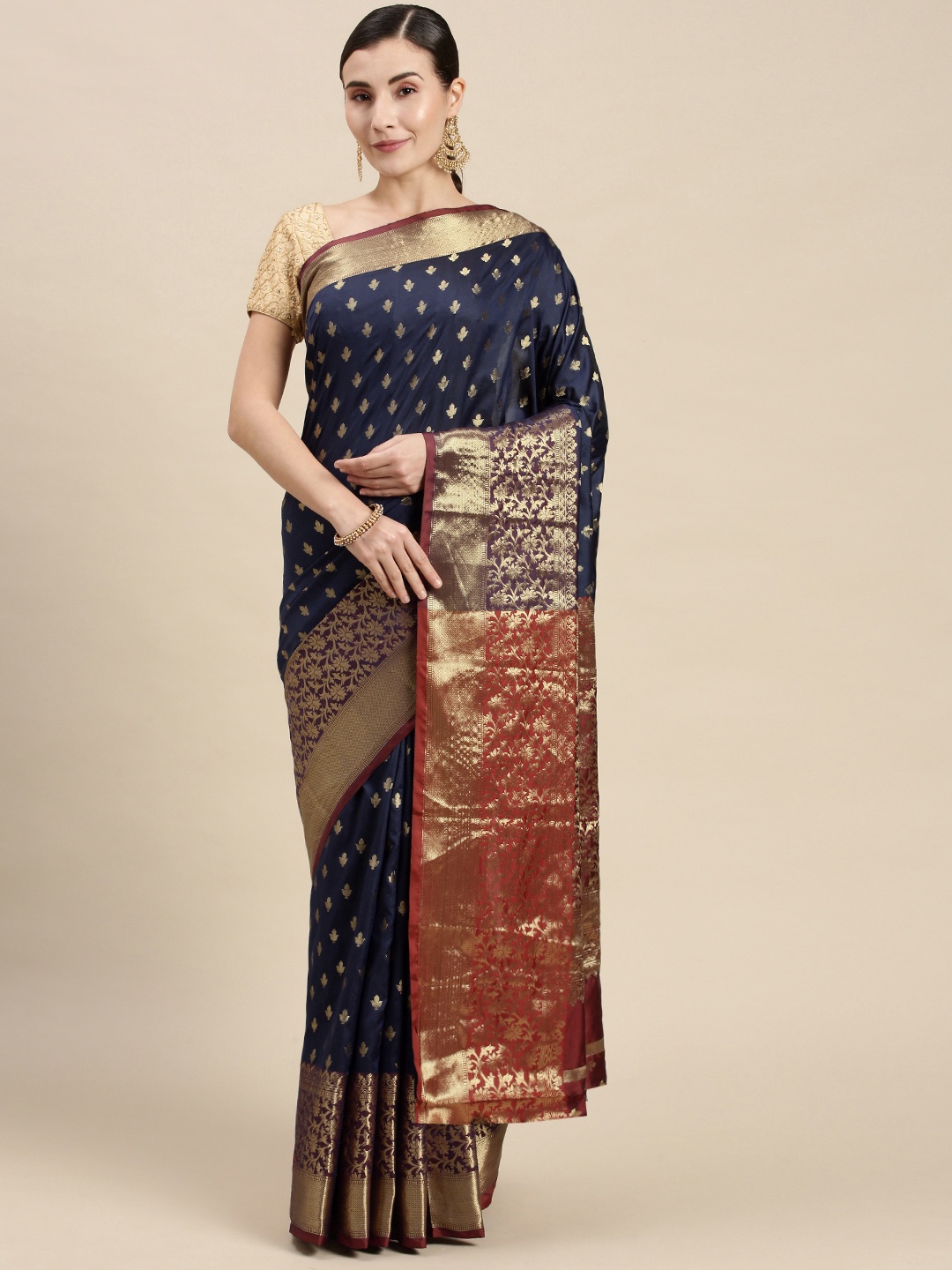 

Mitera Navy Blue & Gold-Toned Woven Design Banarasi Saree
