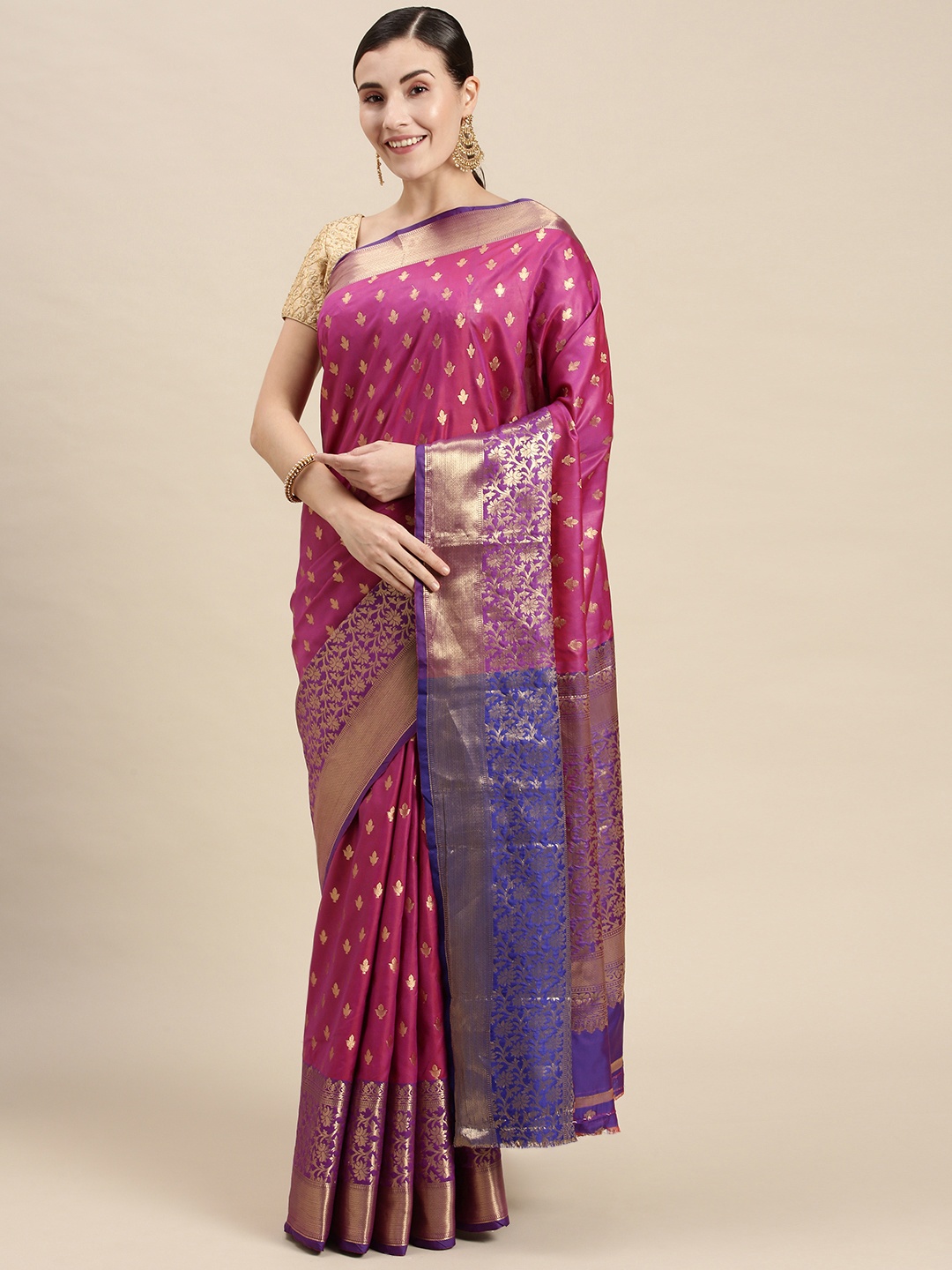 

Mitera Pink & Gold-Toned Woven Design Banarasi Saree