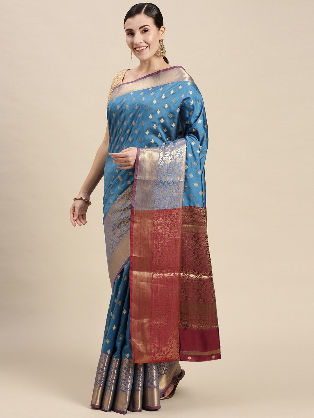 

Mitera Blue & Gold-Toned Woven Design Banarasi Saree