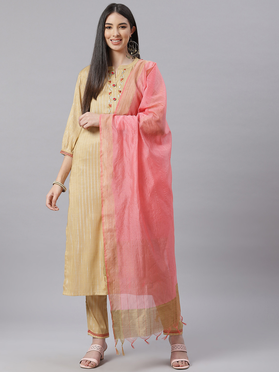 

Tulsattva Women Beige & Pink Striped Thread Work Detail Kurta with Trousers & Dupatta