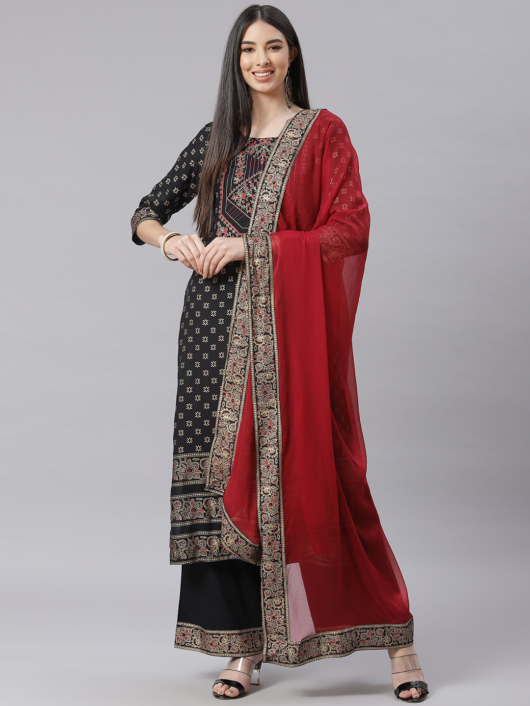 

Tulsattva Women Black & Red Ethnic Motifs Print Kurta with Palazzos & Dupatta