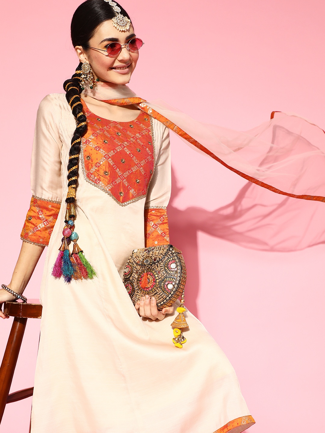 

Inddus Yoke Design Chanderi Cotton Kurta Set, Cream
