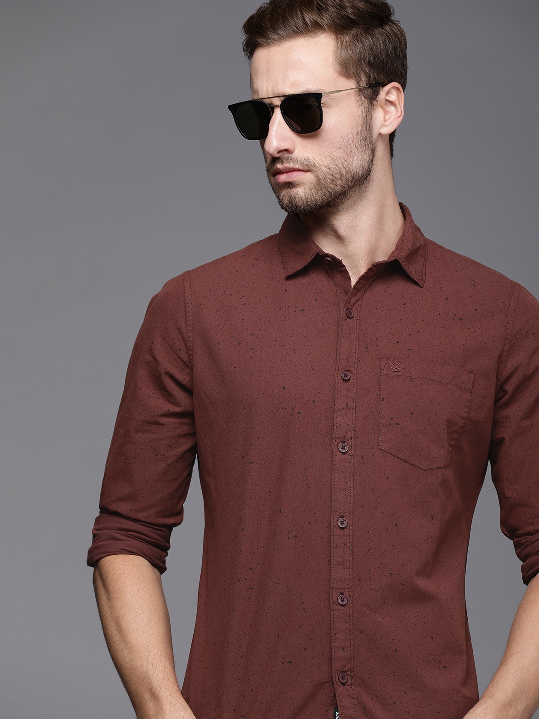 

WROGN Men Maroon & Black Printed Slim Fit Pure cotton Casual Shirt