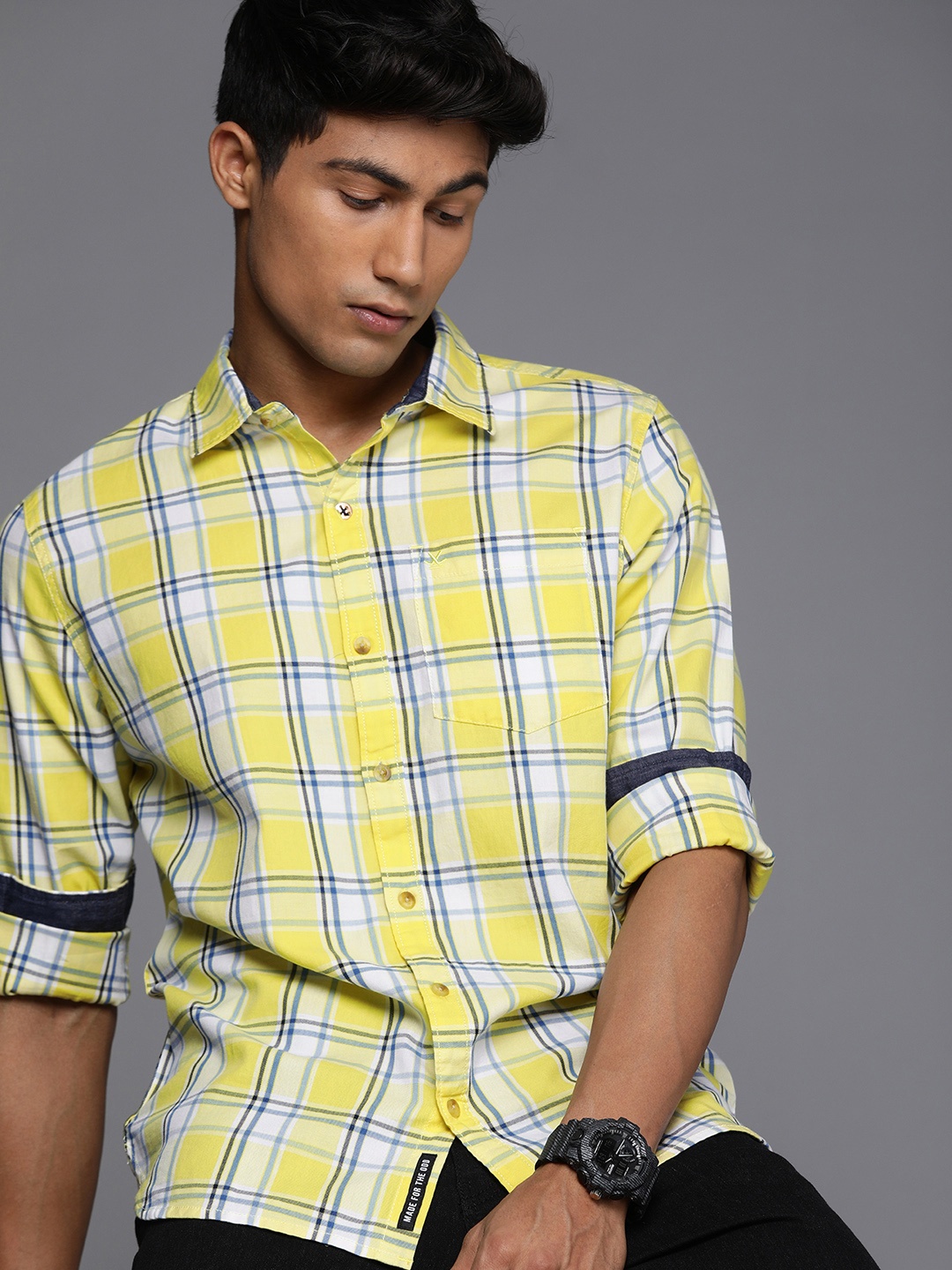 

WROGN Men Yellow And Blue Slim Fit Tartan Checked Pure Cotton Casual Shirt