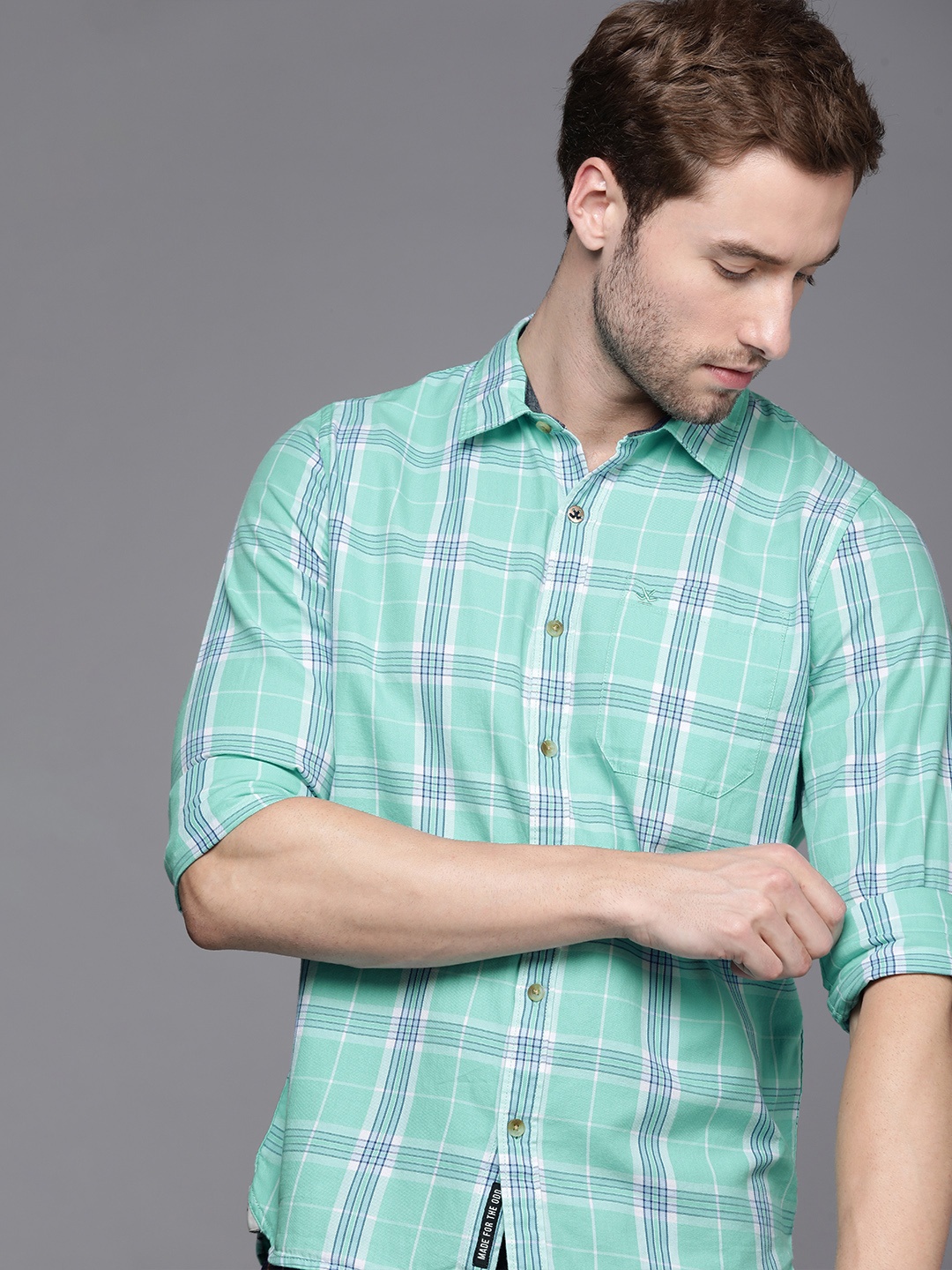 

WROGN Men Mint Green Tartan Checked Slim Fit Pure Cotton Casual Shirt