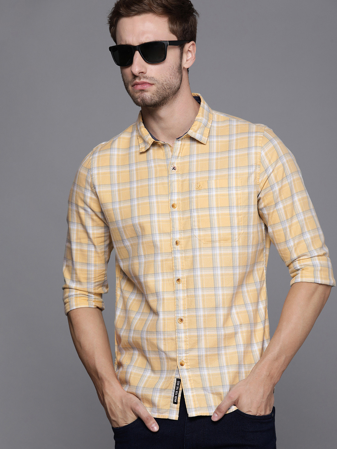 

WROGN Men Yellow Tartan Checked Slim Fit Pure Cotton Casual Shirt