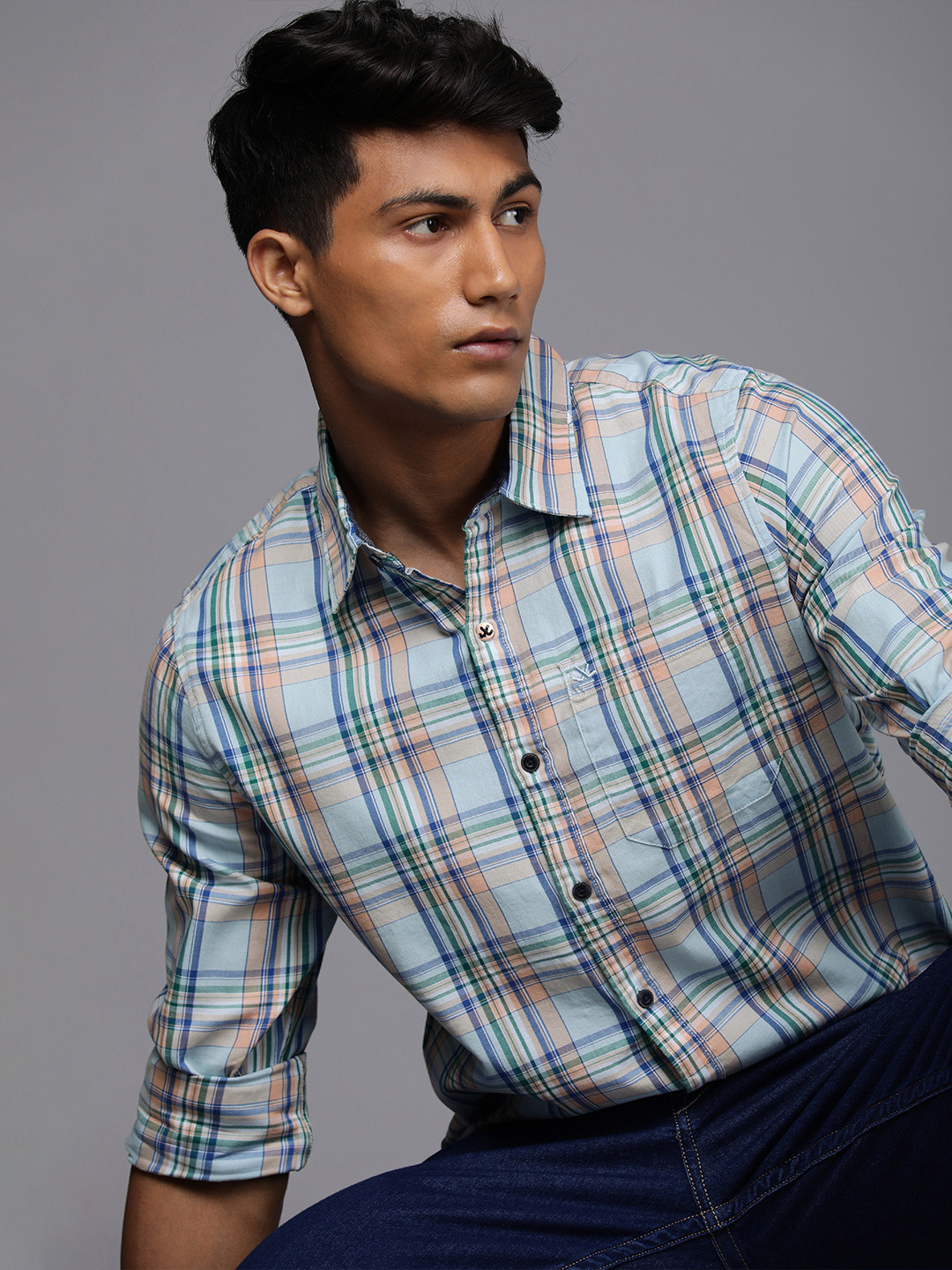 

WROGN Men Blue Tartan Checks Full Sleeved Casual Shirt
