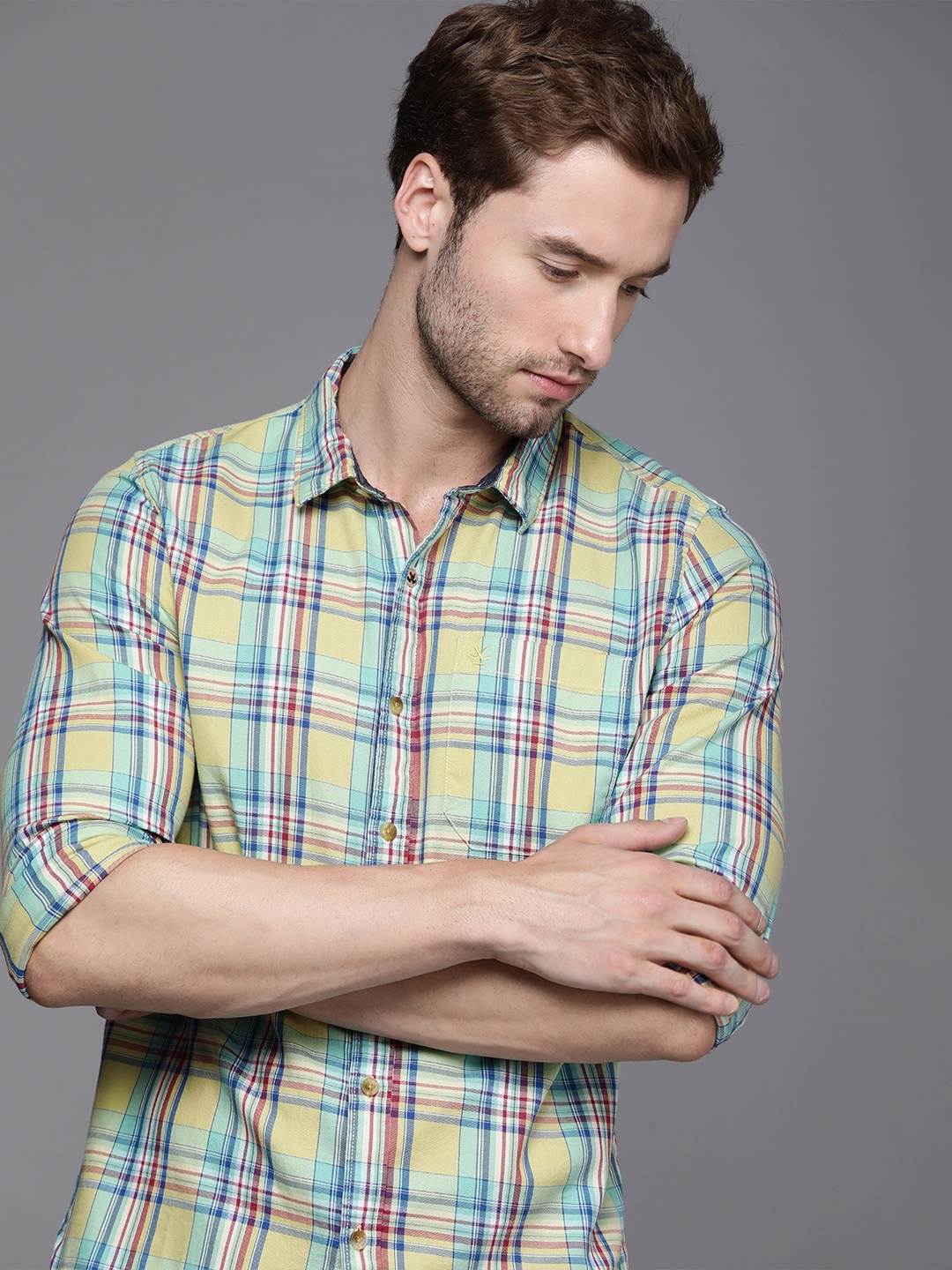 

WROGN Men Yellow & Blue Tartan Checked Slim Fit Pure Cotton Casual Shirt