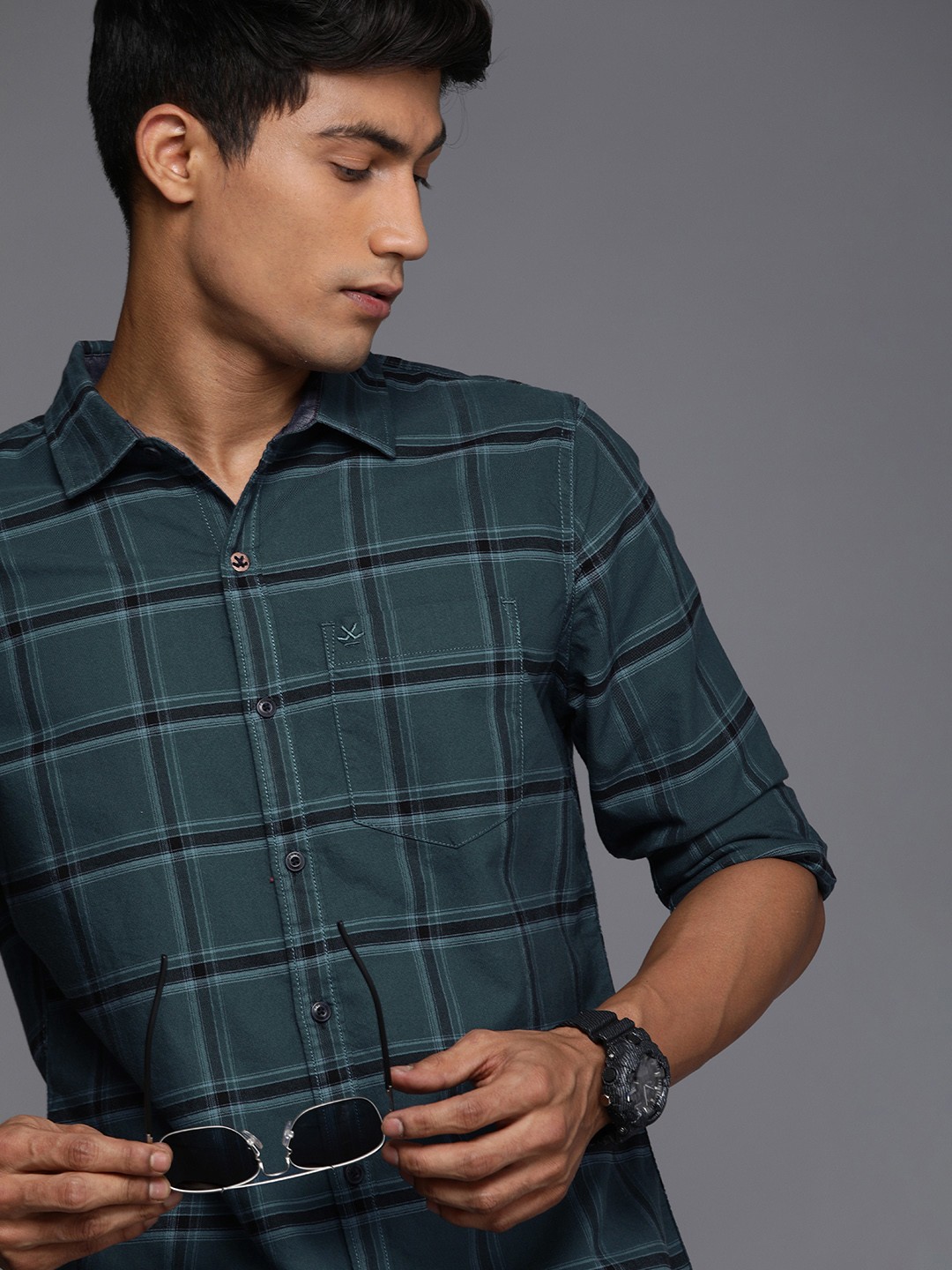 

WROGN Men Teal Blue Slim Fit Windowpane Checked Pure Cotton Casual Shirt