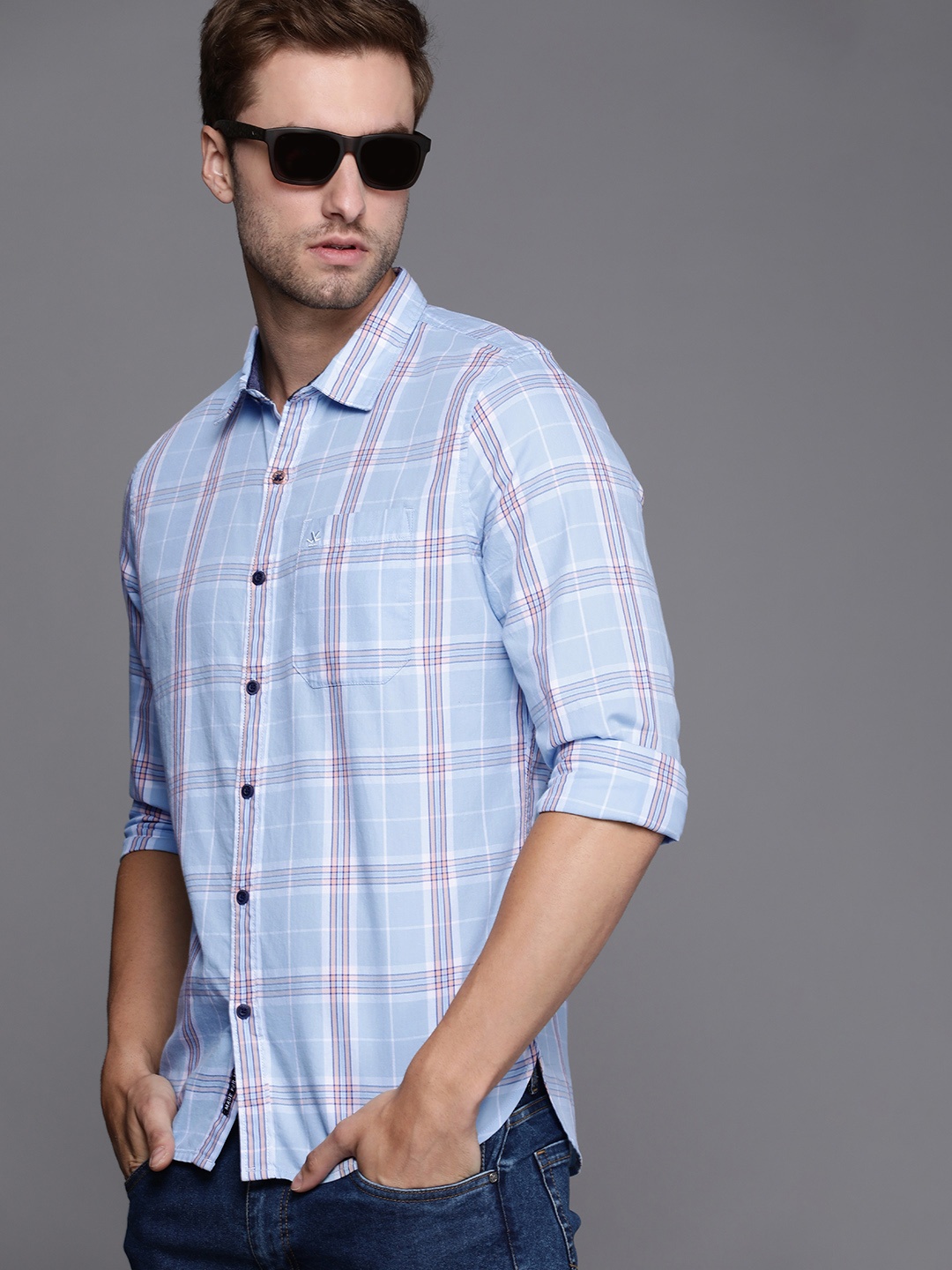 

WROGN Men Turquoise Blue Windowpane Checks Slim Fit Casual Shirt