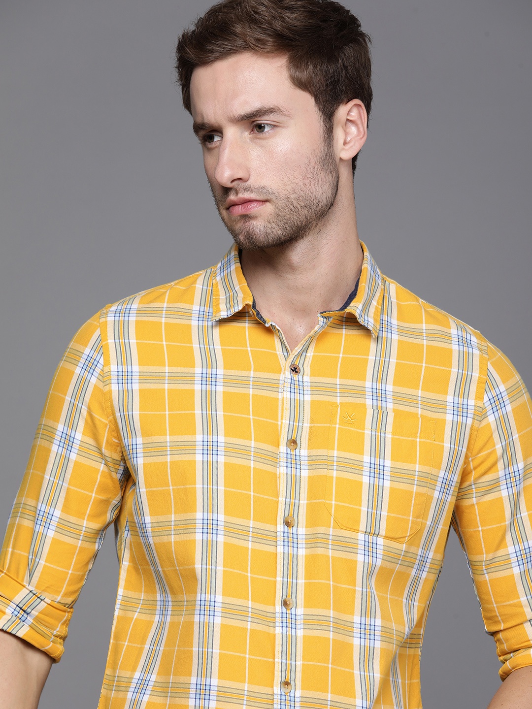 

WROGN Men Mustard Yellow Tartan Checked Slim Fit Pure Cotton Casual Shirt
