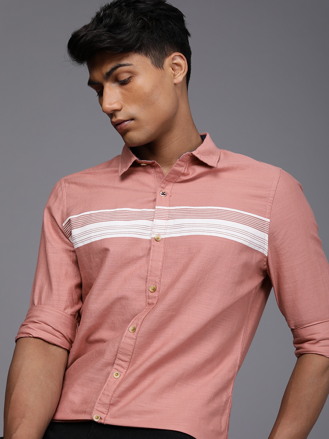 

WROGN Men Pink & White Slim Fit Striped Casual Shirt