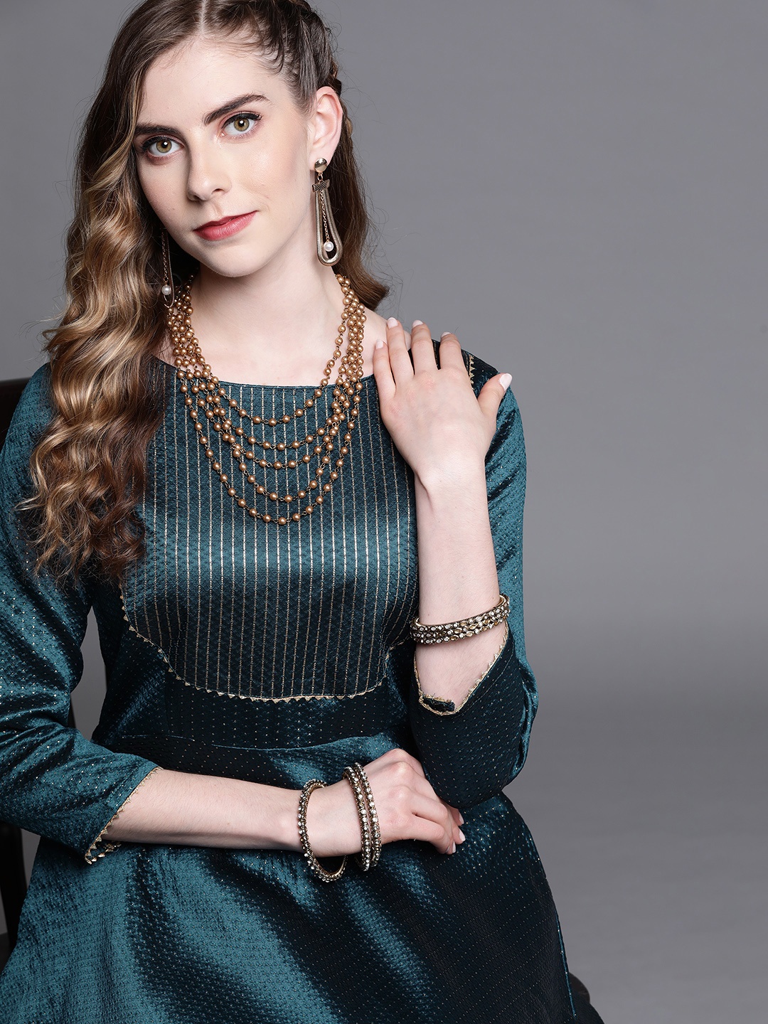 

Inddus Women Teal Yoke Design Thread Work Brocade Kurta