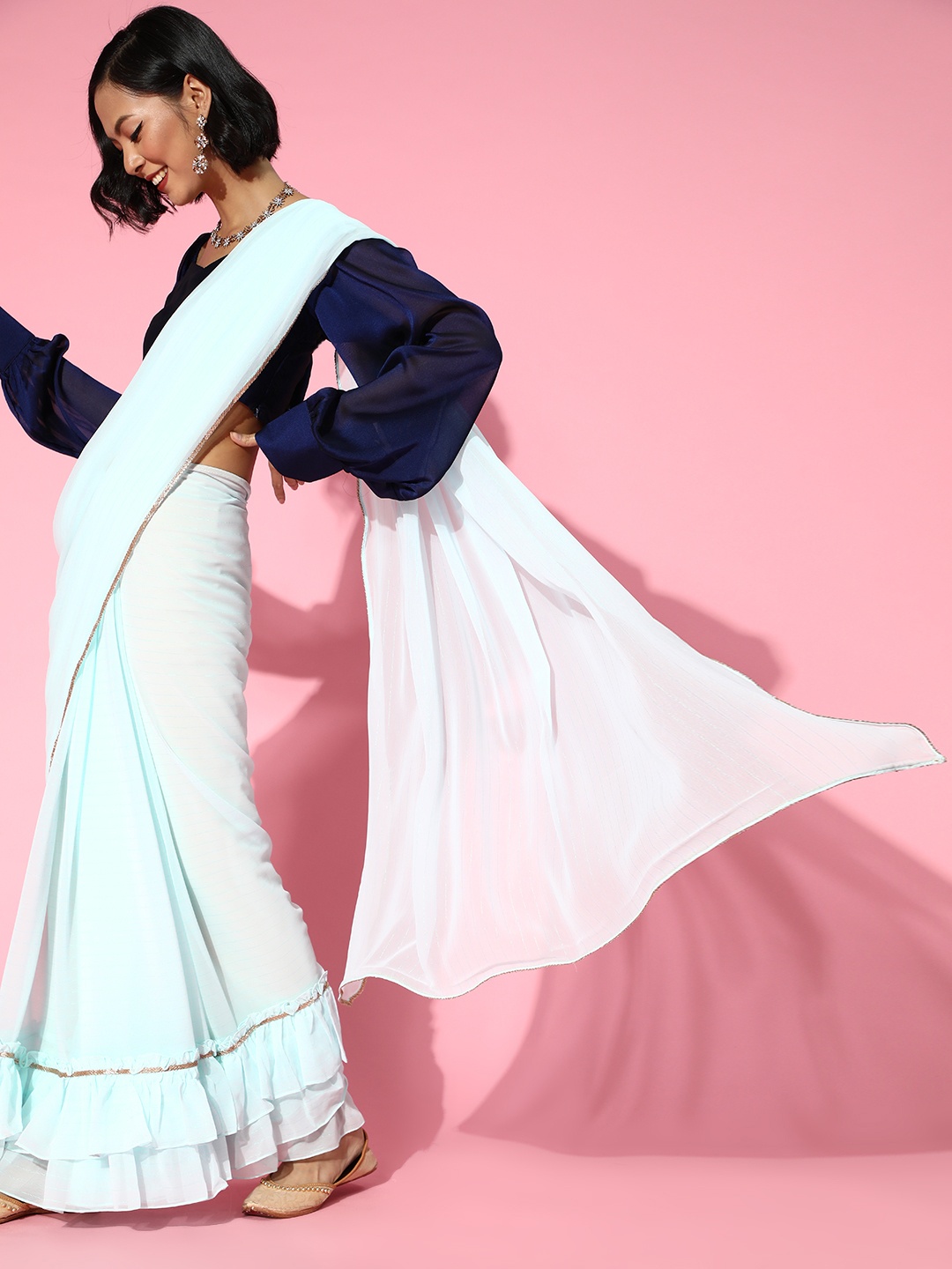 

Inddus Women Powder Blue Ruffled Saree with Blouse Piece