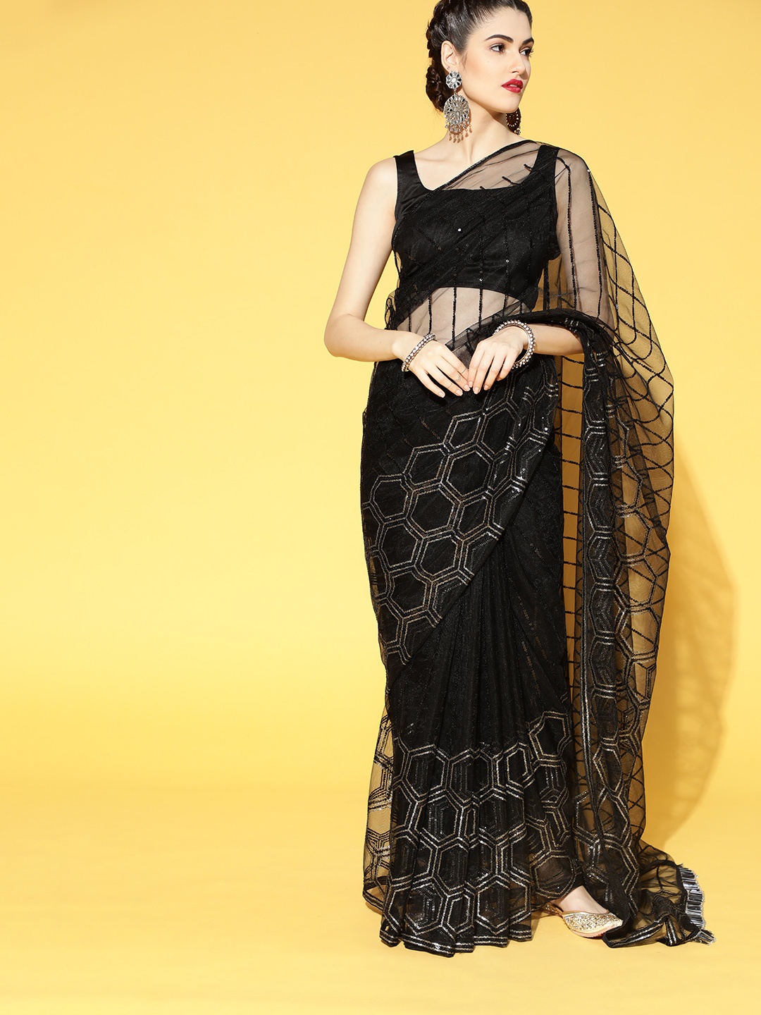 

Inddus Geometric Net Saree, Black