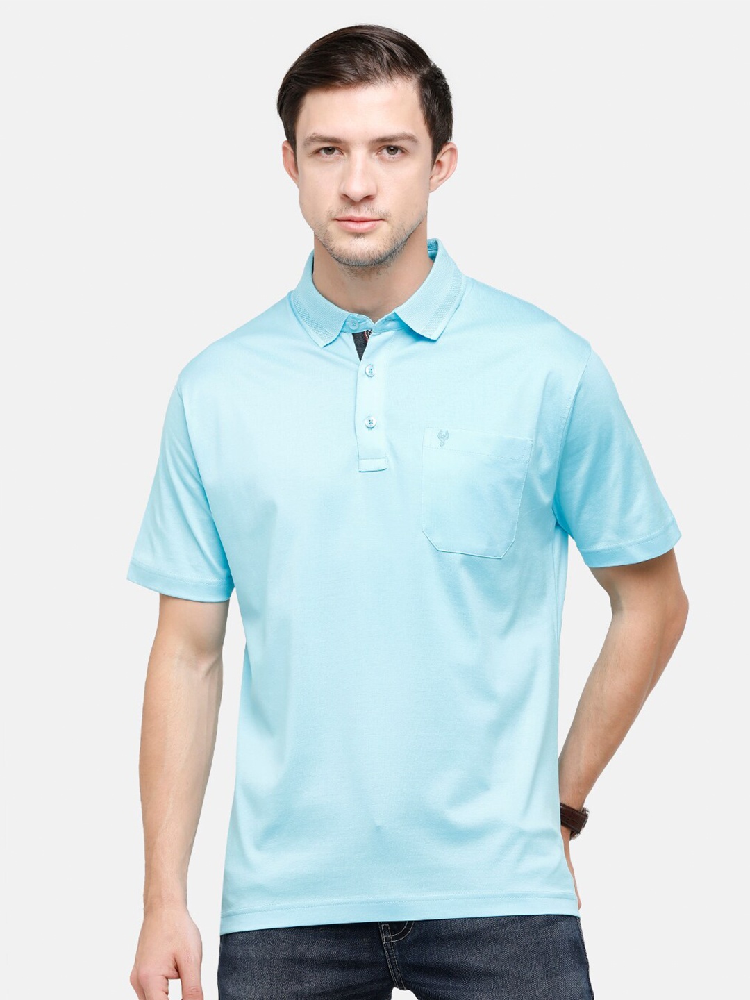 

Classic Polo Men Blue Polo Collar Pockets Pure Cotton T-shirt