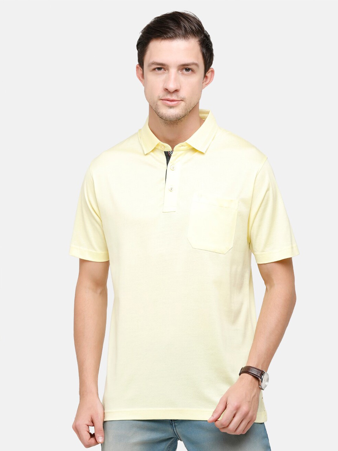 

Classic Polo Men Yellow Polo Collar Pockets T-shirt