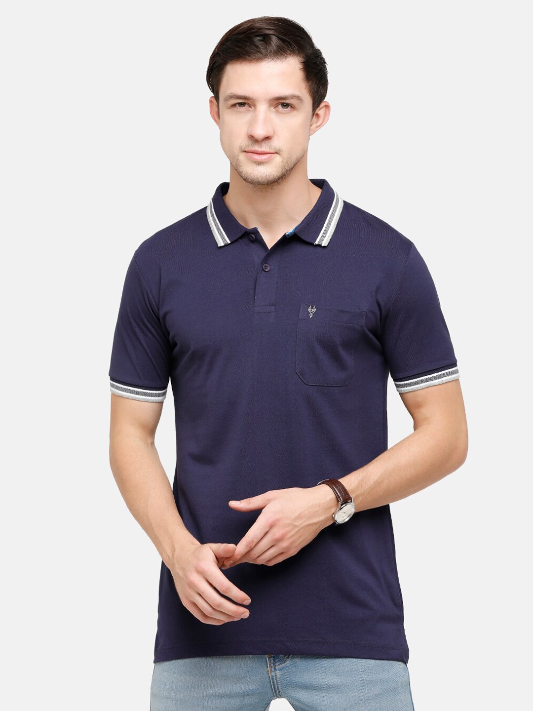 

Classic Polo Men Navy Blue Polo Collar Pockets Slim Fit Pure Cotton T-shirt