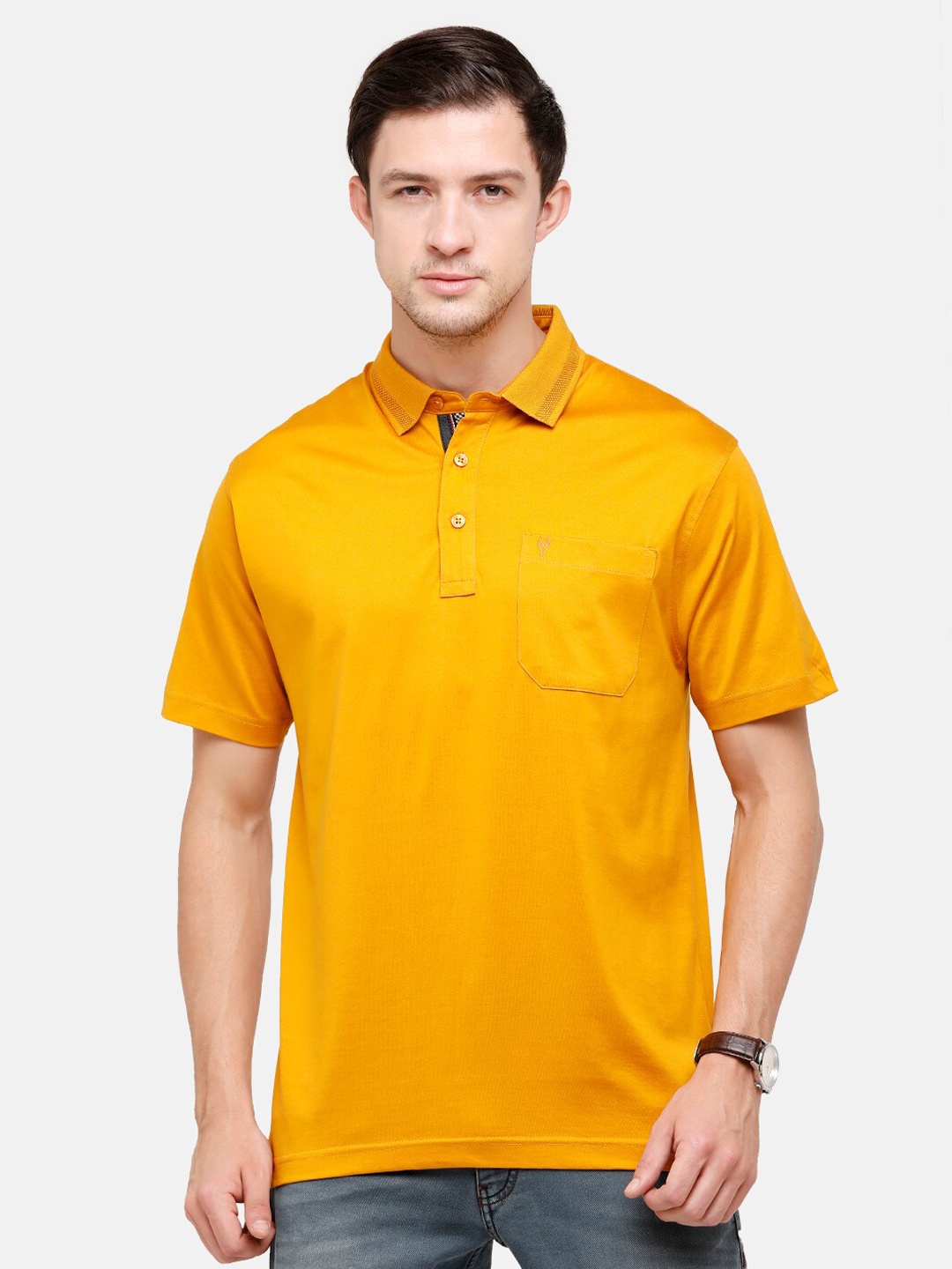 

Classic Polo Men Yellow Polo Collar Pockets Pure Cotton T-shirt