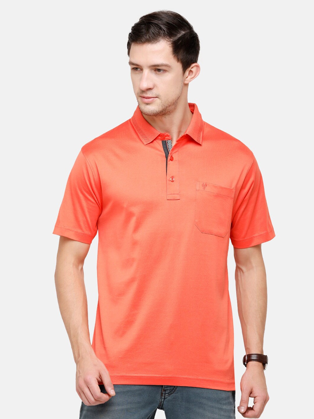 

Classic Polo Men Orange Polo Collar Pockets T-shirt