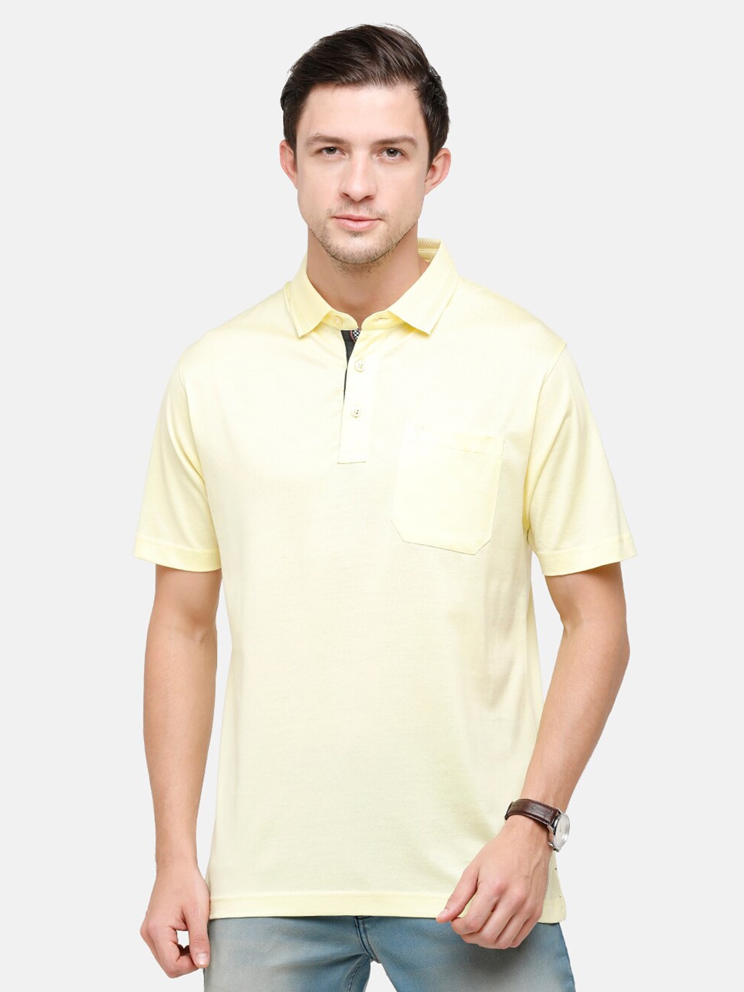 

Classic Polo Men Yellow Polo Collar Pockets Pure Cotton T-shirt