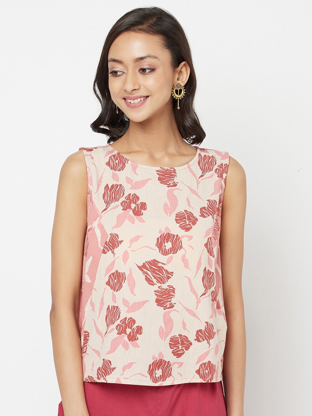 

Fabindia Pink Floral Linen Regular Top