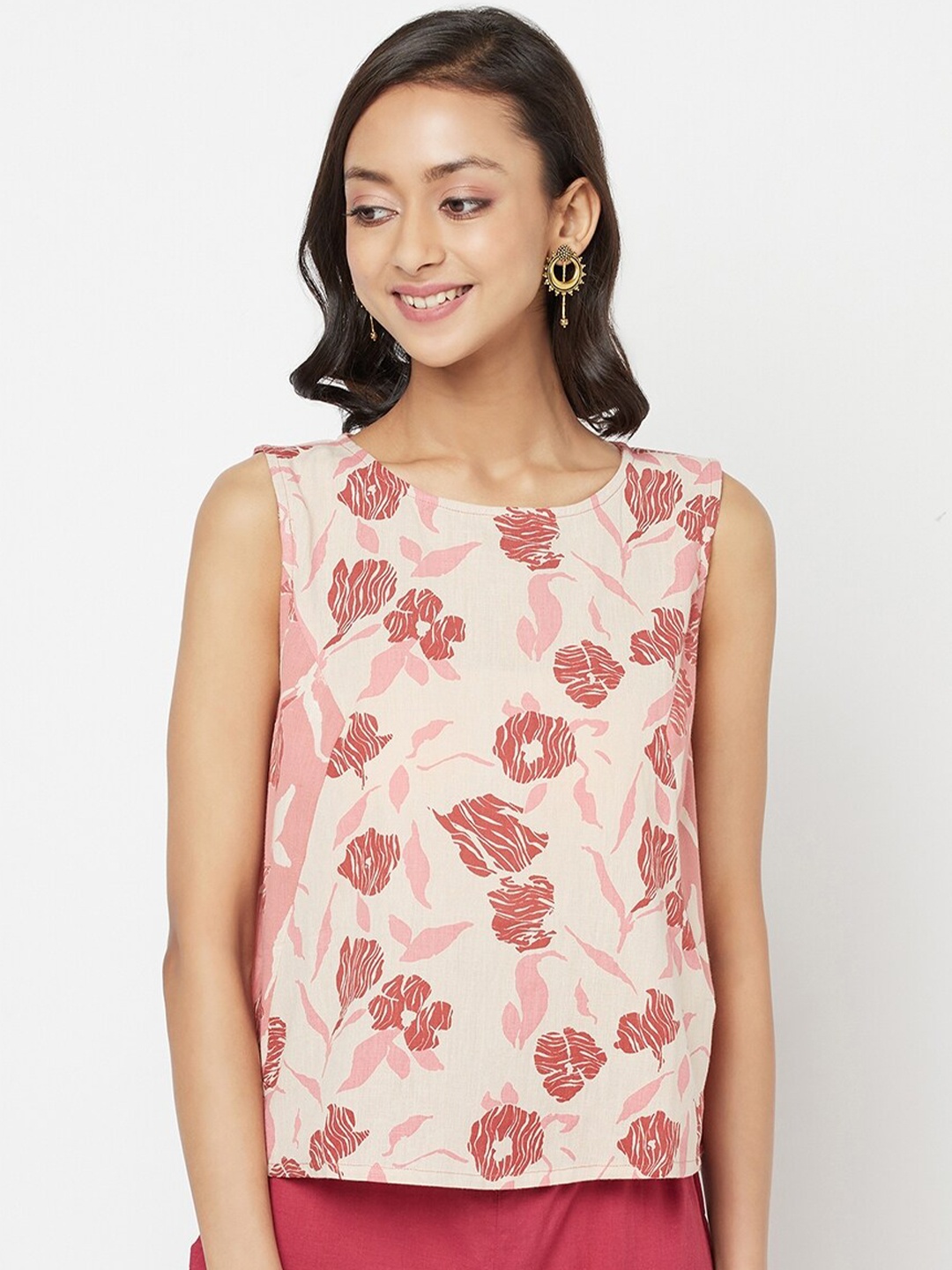 

Fabindia Pink Floral Linen Regular Top