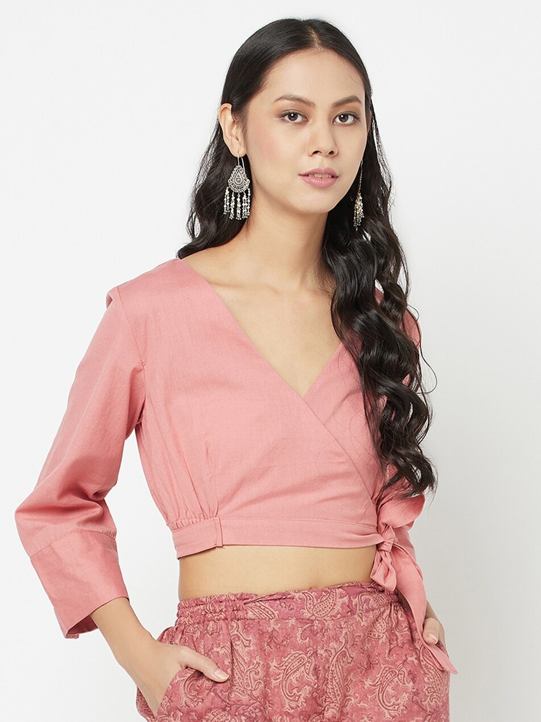 

Fabindia Pink Linen Wrap Crop Top