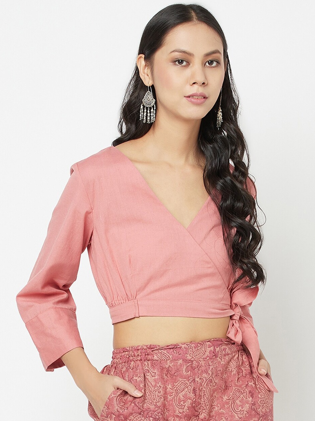 

Fabindia Pink Linen Wrap Crop Top