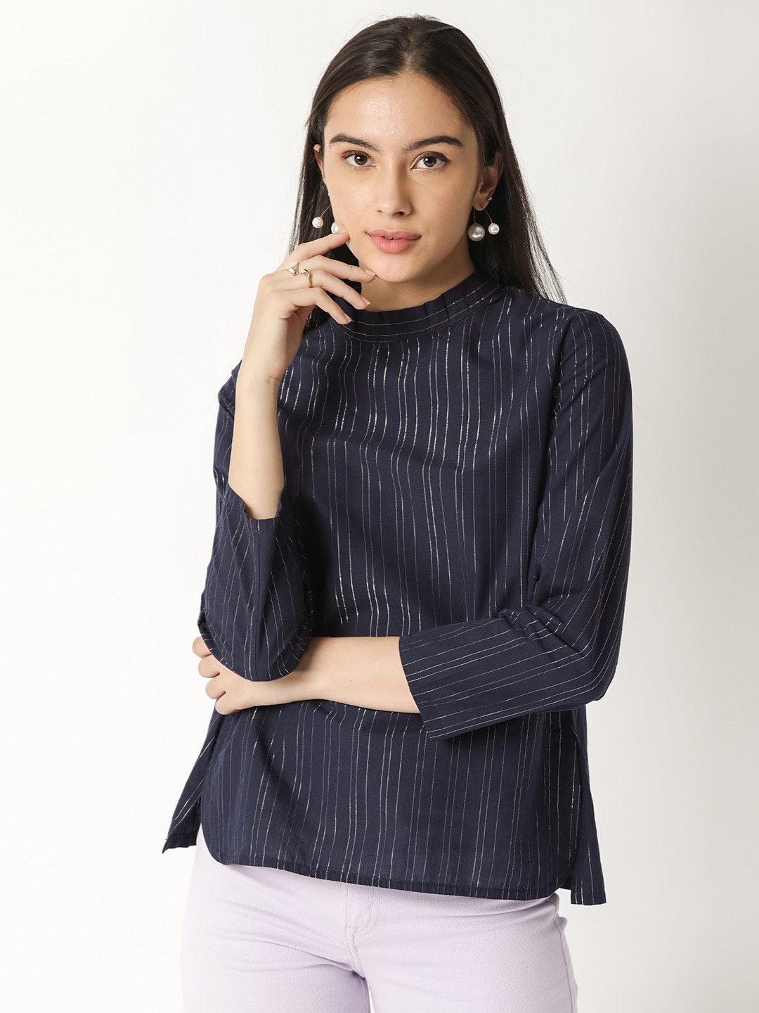 

RAREISM Navy Blue Striped Regular Top