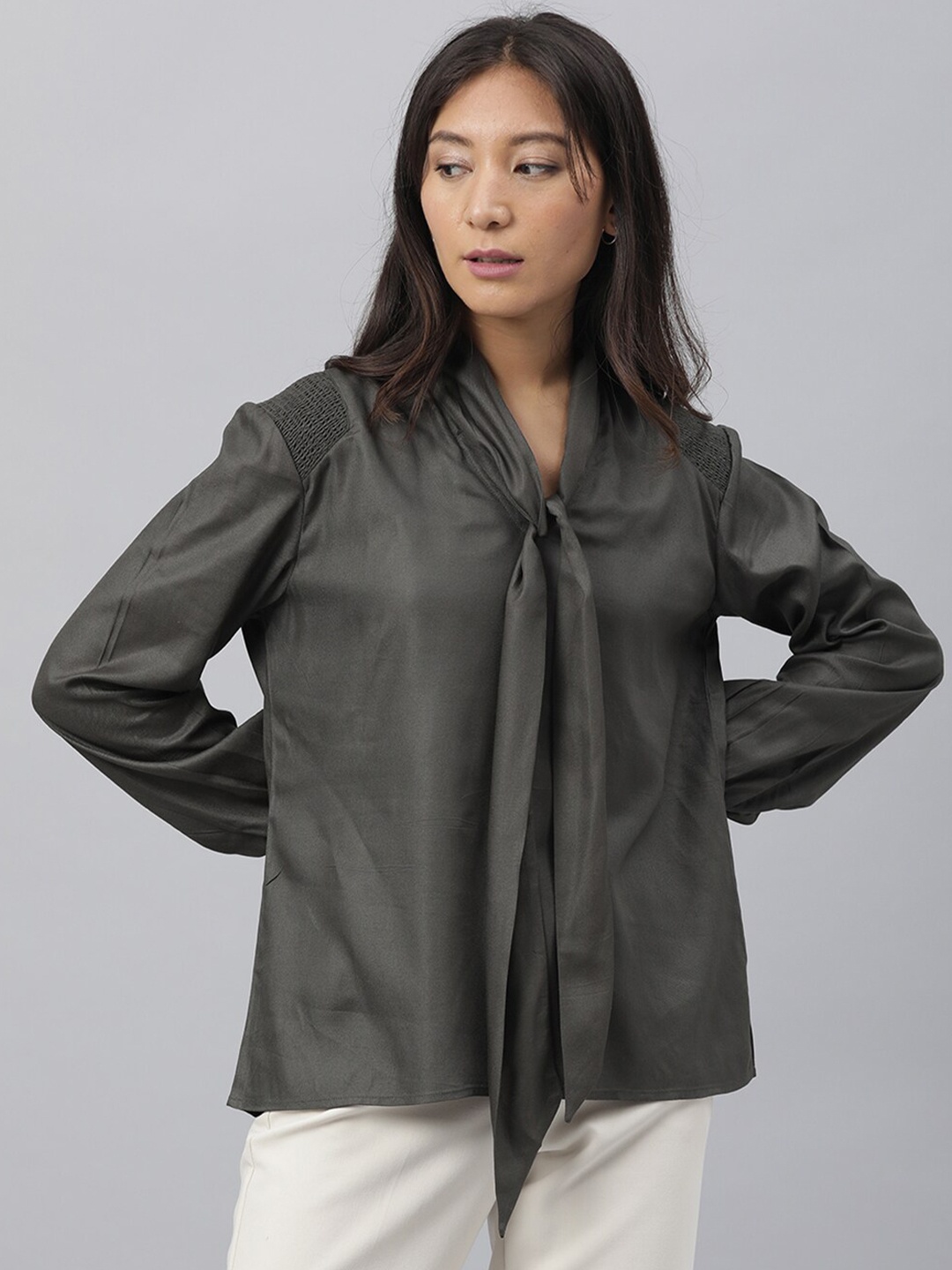 

RAREISM Women Olive Green Tie-Up Neck Blouson Longline Top