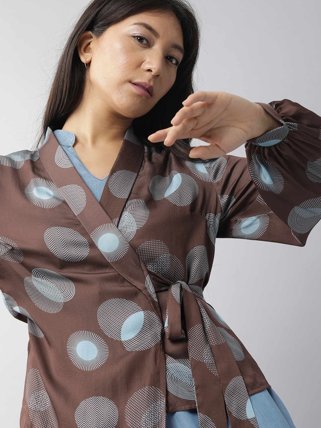 

RAREISM Brown & Blue Geometric Mandarin Collar Wrap Top