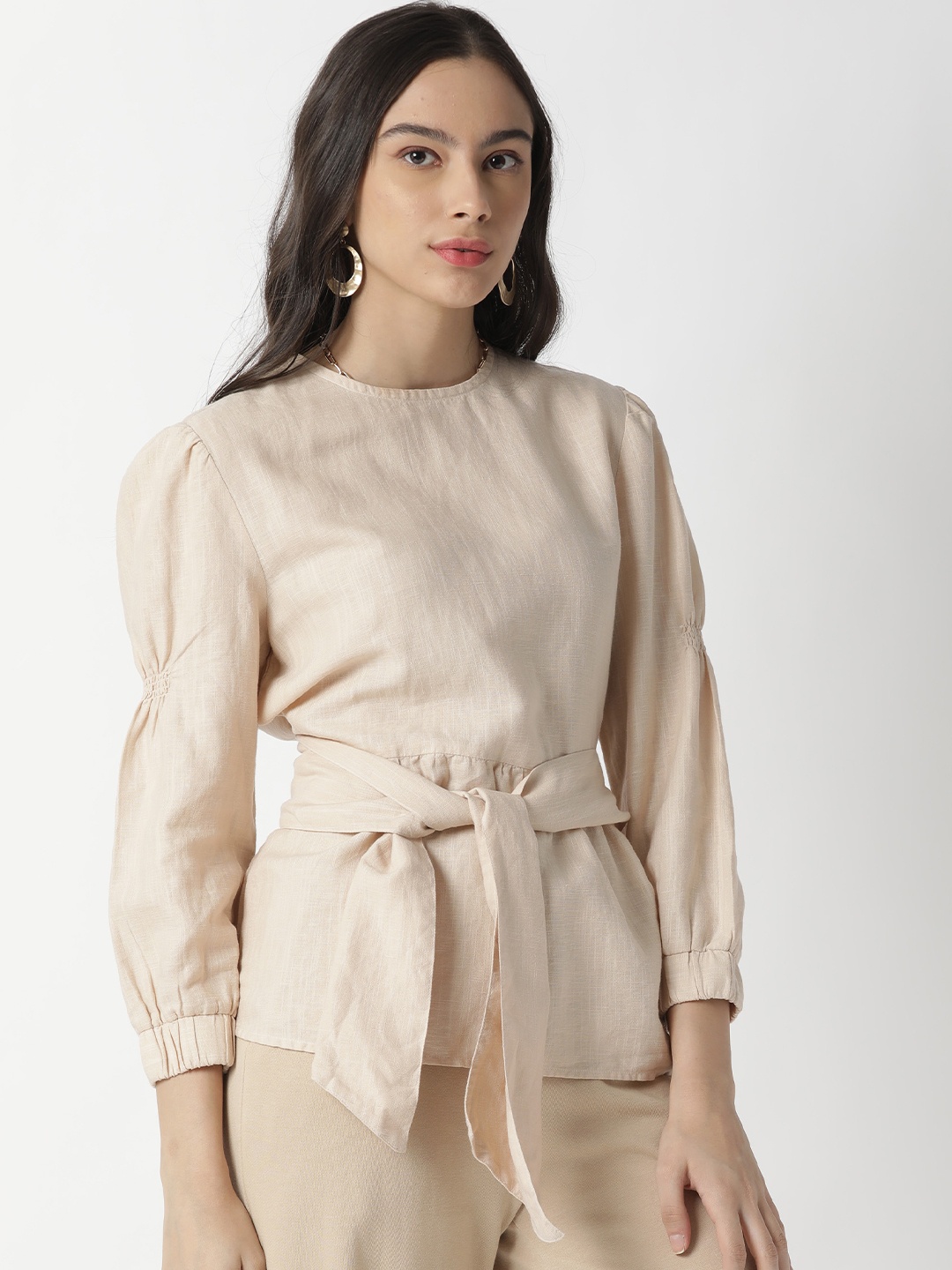 

RAREISM Beige Waist Tie Up Blouson Top