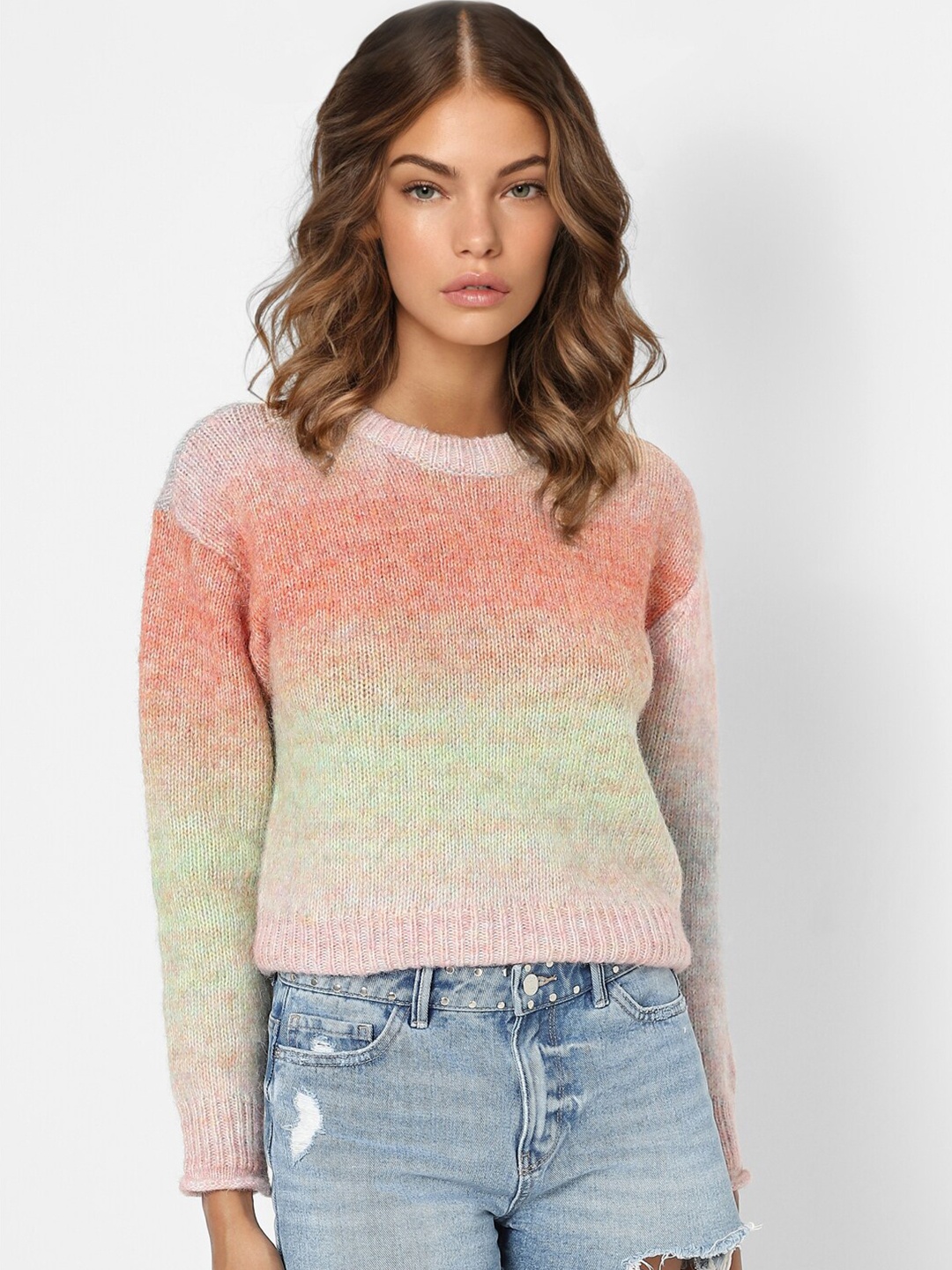 

ONLY Women Pink & Green Colourblocked Pullover Sweater