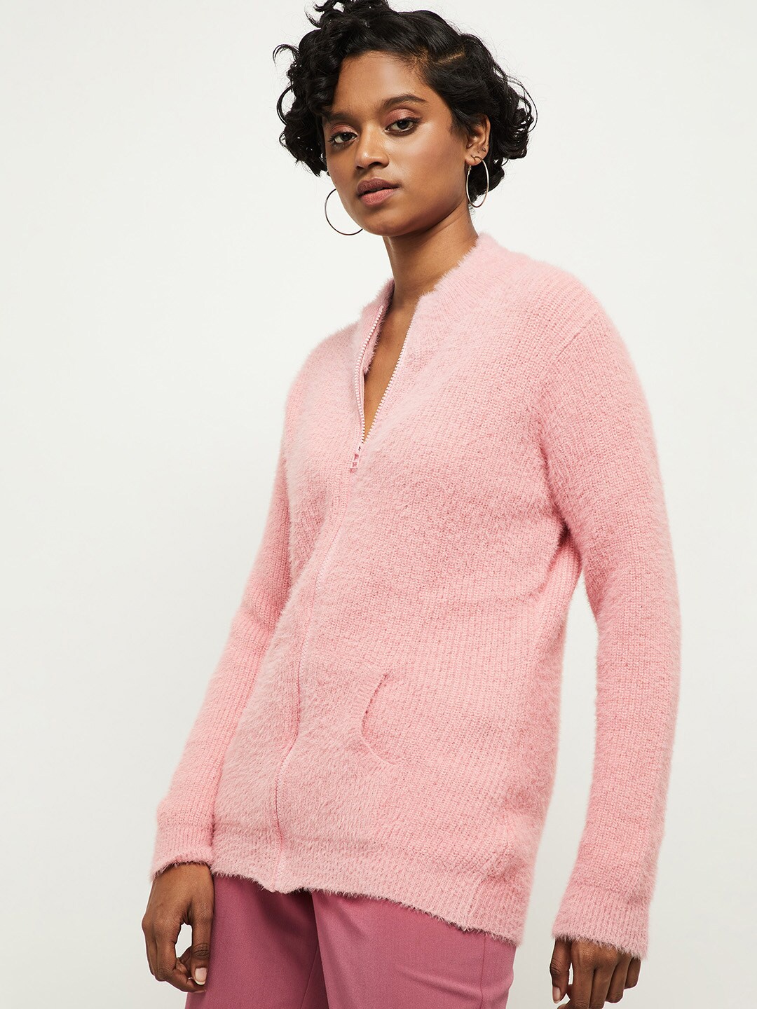

max Women Pink Cardigan with Fuzzy Detail