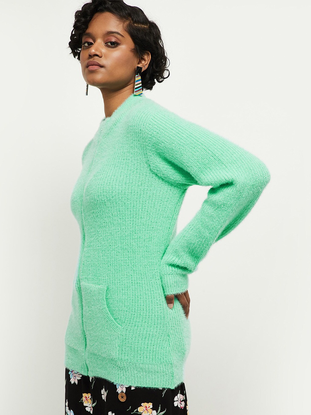 

max Women Sea Green Cable Knit Front-Open