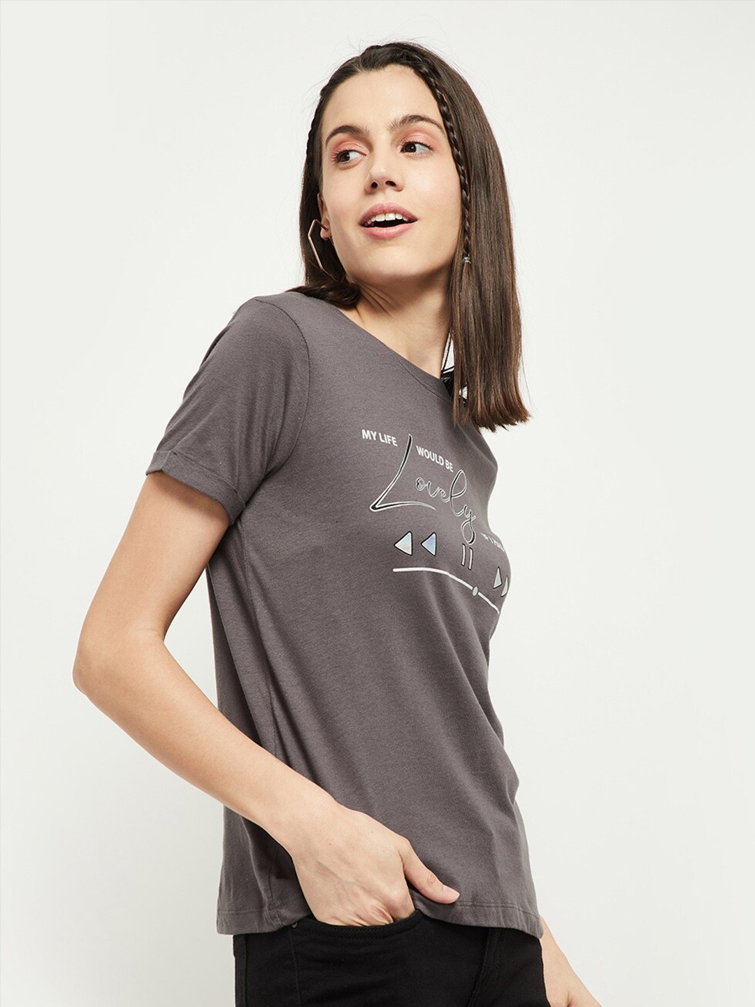 

max Women Grey Sports Pockets T-shirt
