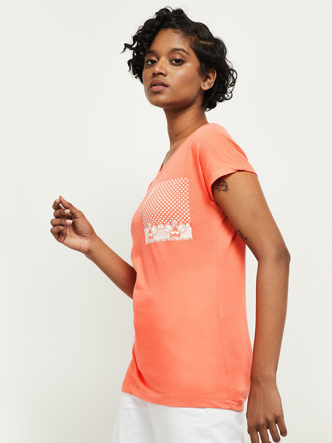 

max Women Orange Printed Cotton T-shirt