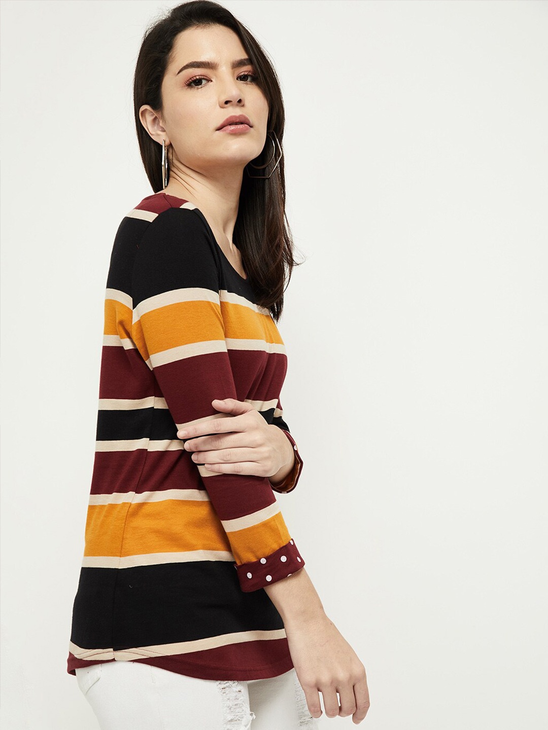 

max Women Red Striped Pure Cotton T-shirt
