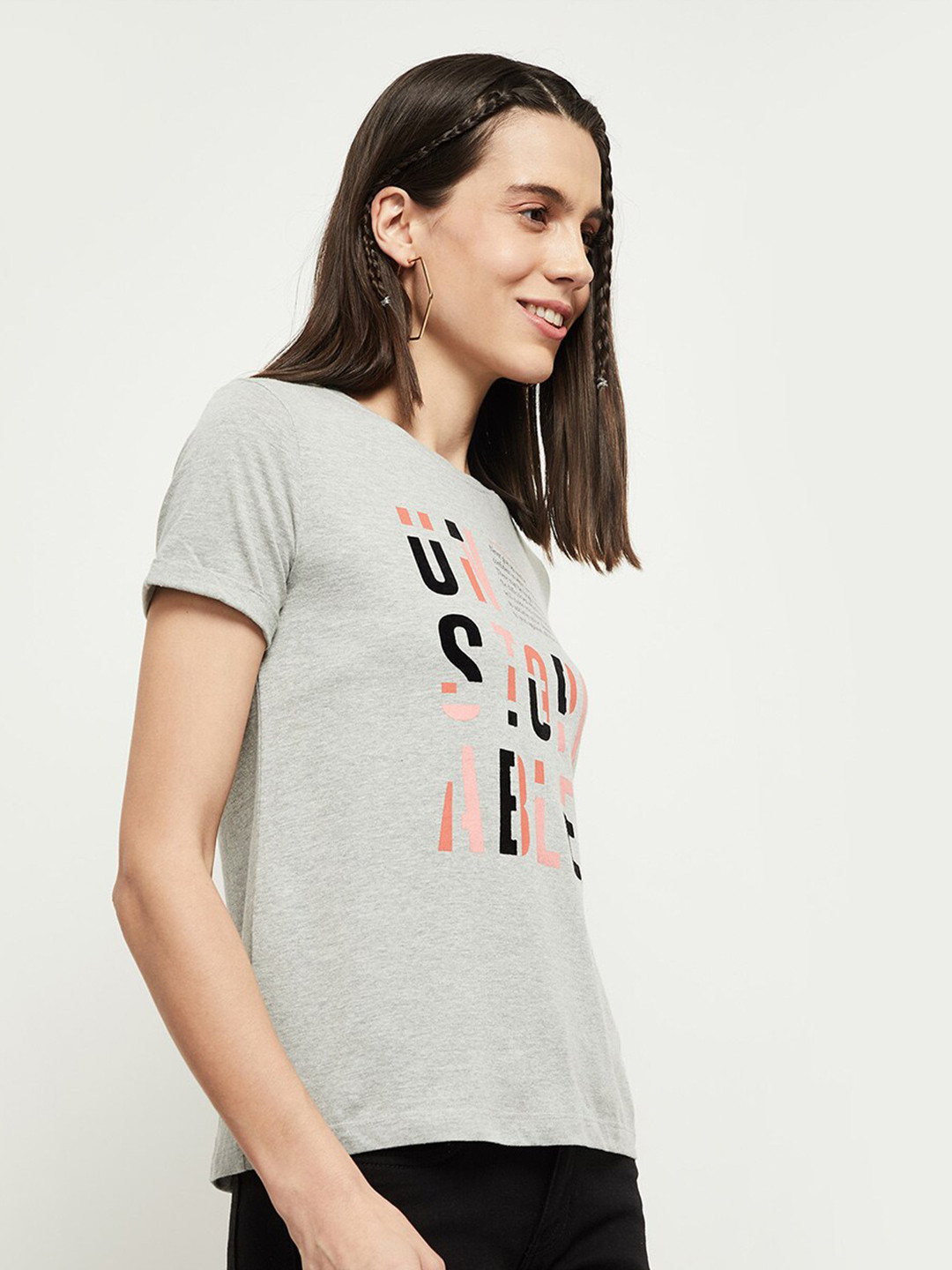 

max Women Grey Typography Printed T-shirt