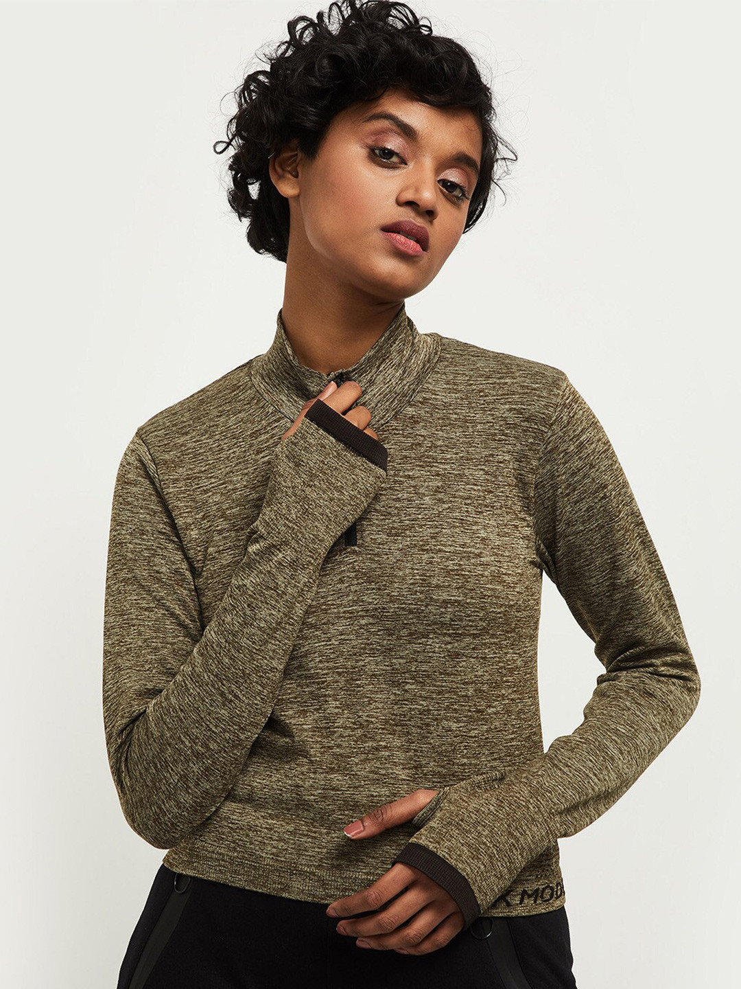

max Women Olive Green Polo Collar Pockets T-shirt