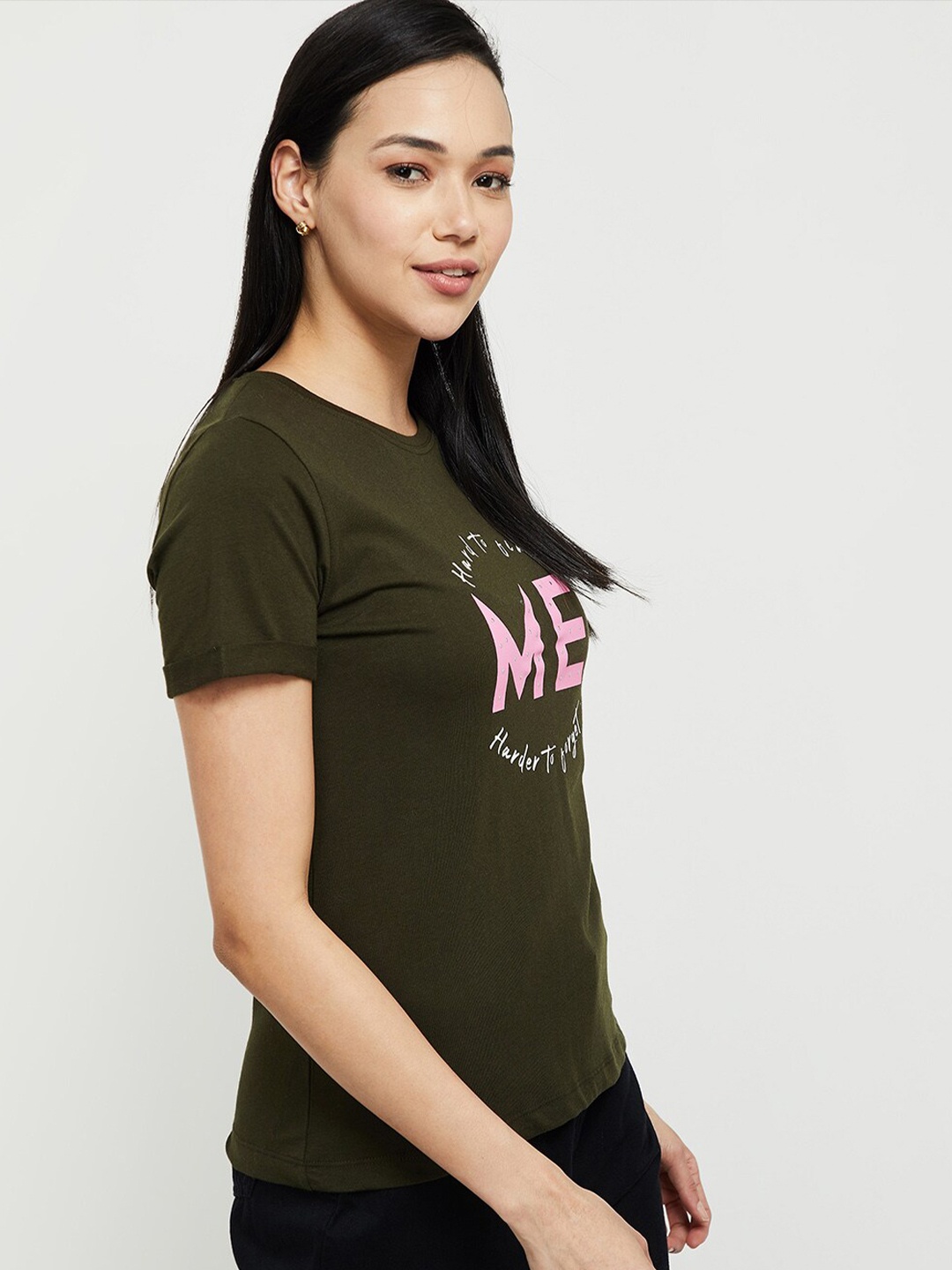 max Women Olive Green Printed Pure Cotton T-shirt